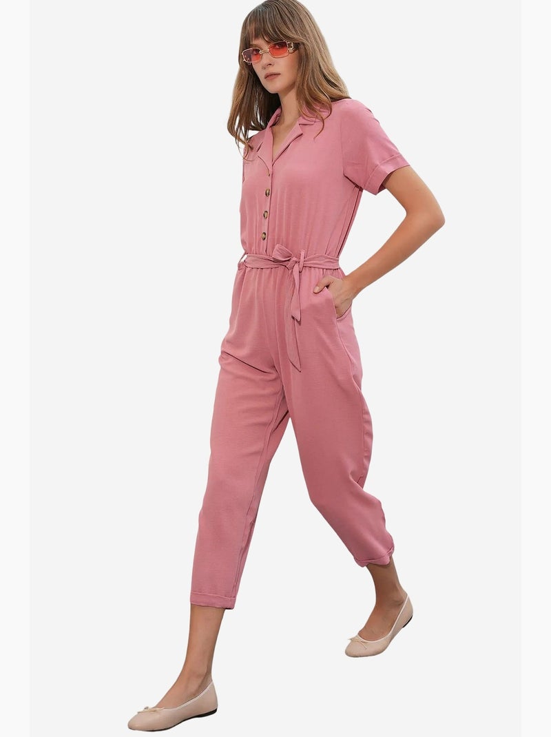 Jumpsuit tinta unita in tessuto con colletto a camicia e dettaglio fiocco bdart Rosa antico - Kiabi