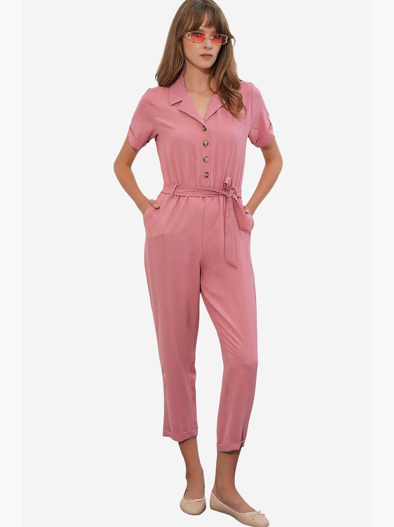 Jumpsuit tinta unita in tessuto con colletto a camicia e dettaglio fiocco bdart Rosa antico - Kiabi