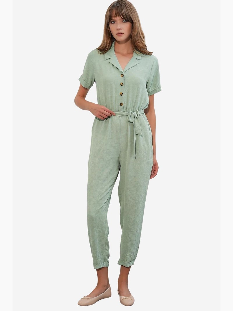 Jumpsuit tinta unita in tessuto con colletto a camicia e dettaglio fiocco bdart Verde menta - Kiabi