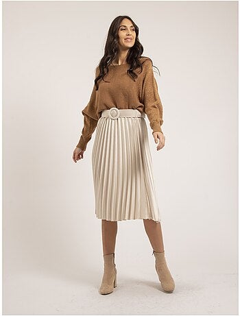 Jupe mi-longue plissée satin et ceinture XOLIA