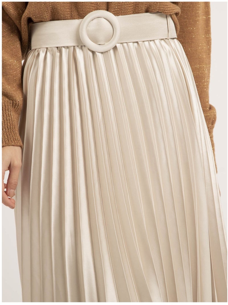 Jupe mi-longue plissée satin et ceinture XOLIA Beige - Kiabi