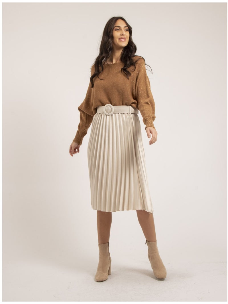Jupe mi-longue plissée satin et ceinture XOLIA Beige - Kiabi