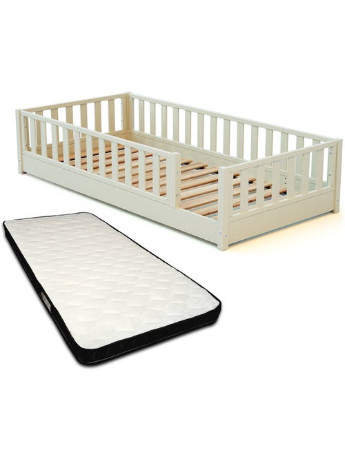 JURABABY - Letto per bambini in legno SONHO con materasso - 90x190 - Bianco perla - Kiabi