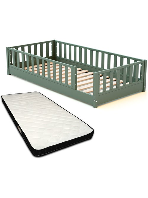 JURABABY - Letto per bambini in legno SONHO con materasso - 90x190 - Verde salvia - Kiabi