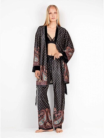 Kimono di velluto con stampa orientale e pois