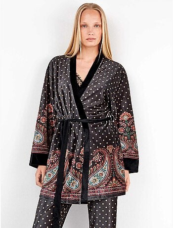 Kimono di velluto con stampa orientale e pois