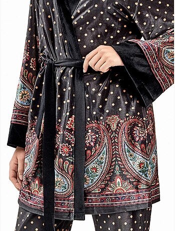 Kimono di velluto con stampa orientale e pois