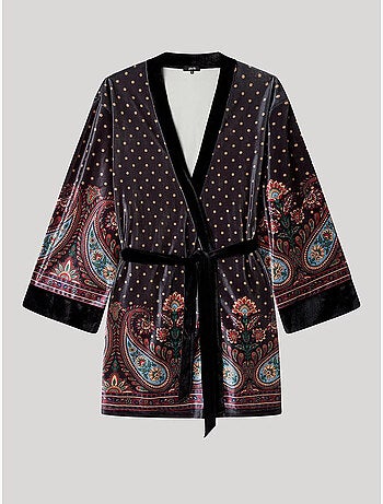 Kimono di velluto con stampa orientale e pois