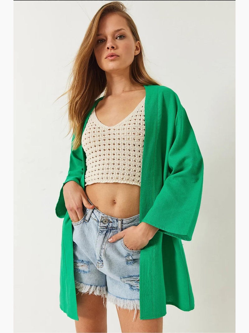 Kimono in misto viscosa e lino lucci Verde - Kiabi