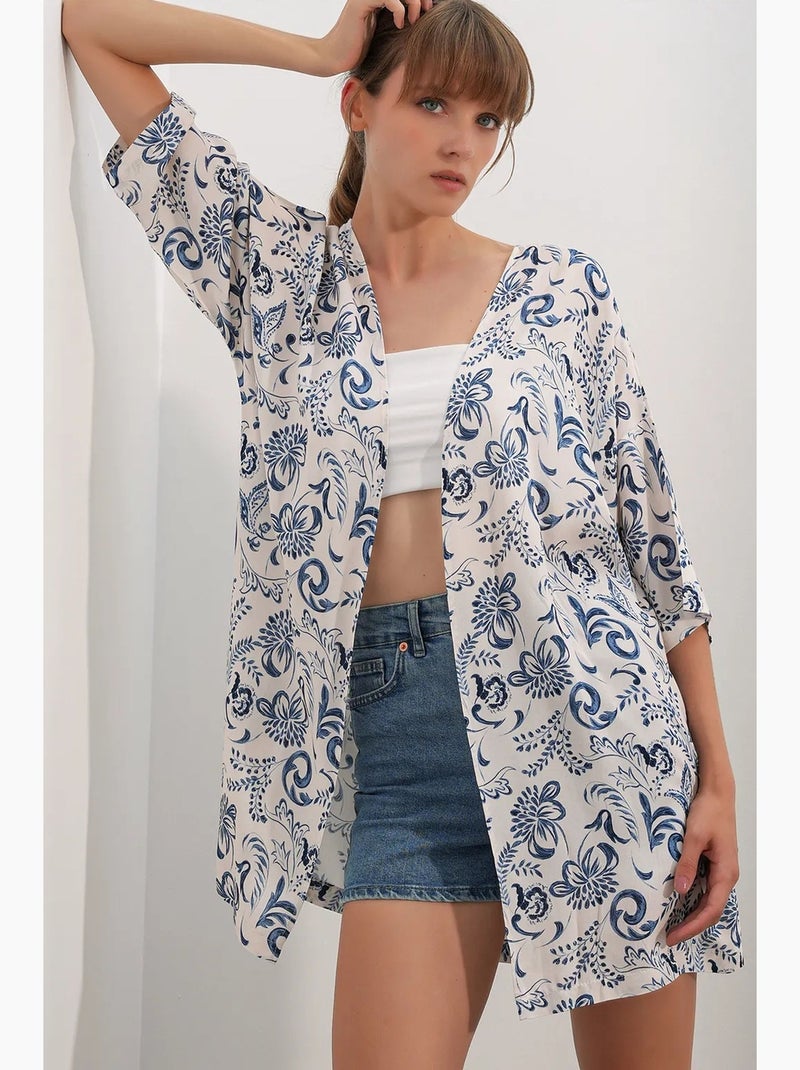 Kimono lungo stampato in viscosa bdart Bianco Blu - Kiabi