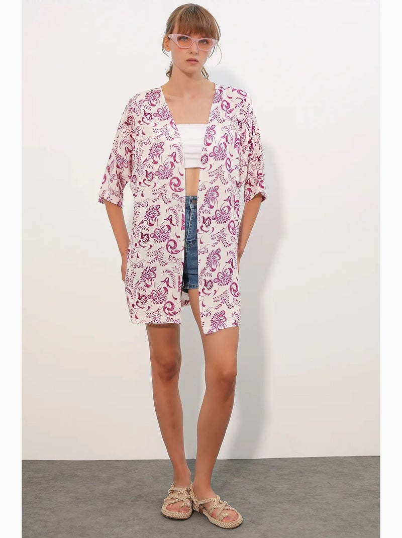 Kimono lungo stampato in viscosa bdart Bianco Rosa - Kiabi