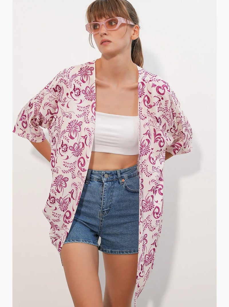 Kimono lungo stampato in viscosa bdart Bianco Rosa - Kiabi