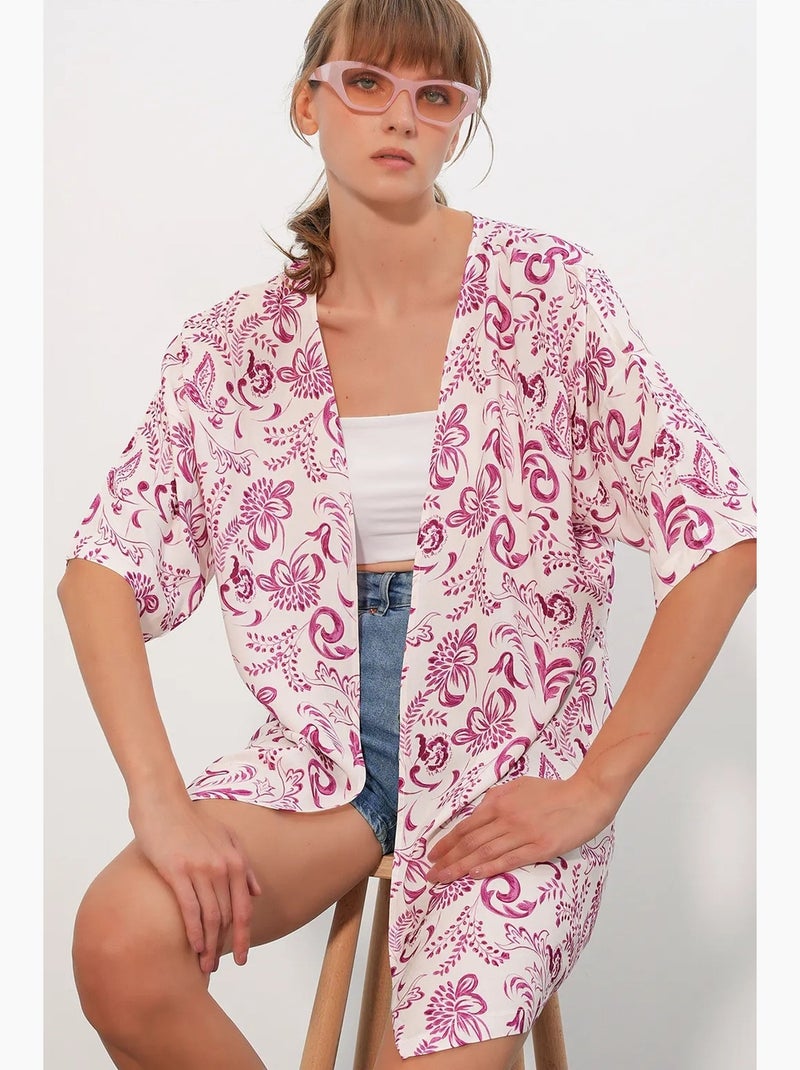 Kimono lungo stampato in viscosa bdart Bianco Rosa - Kiabi