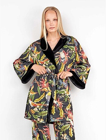Kimono reversibile in satin floreale ed elegante nero