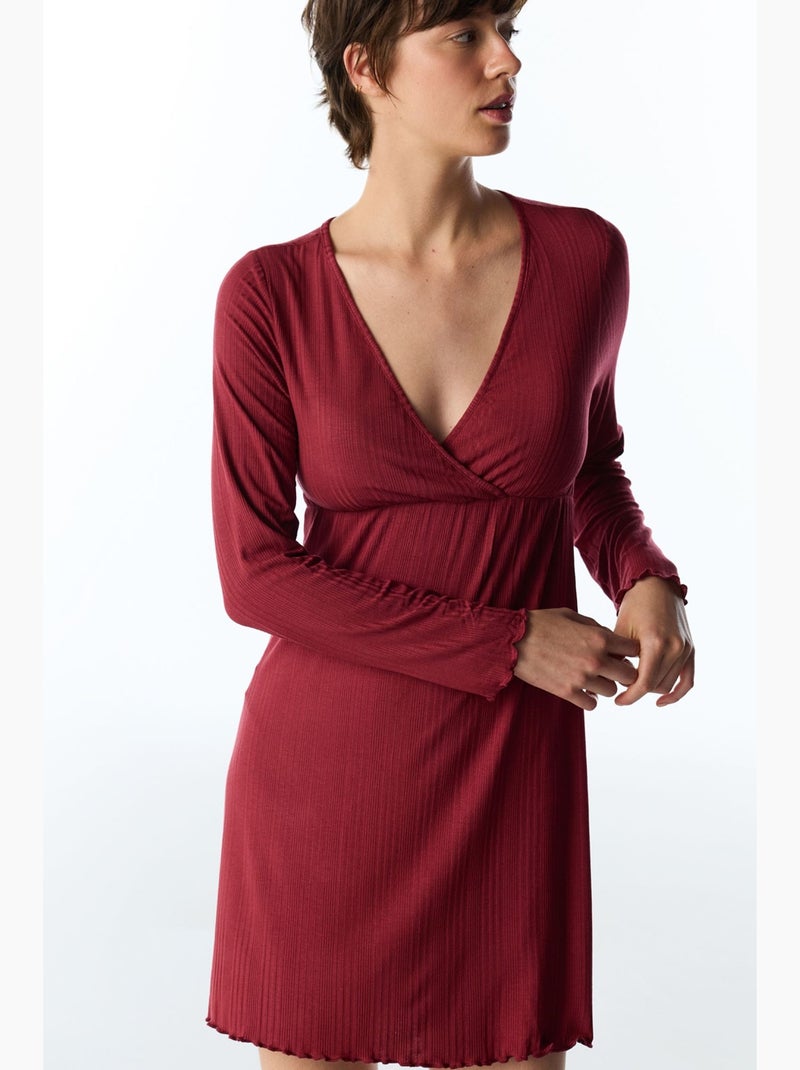 Lana camicia da notte lunga a maniche lunghe a coste penti Rosso bordeaux - Kiabi