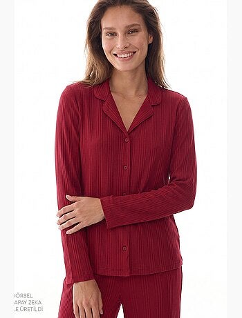 Lana completo pigiama con camicia e pantaloni a maniche lunghe a coste penti