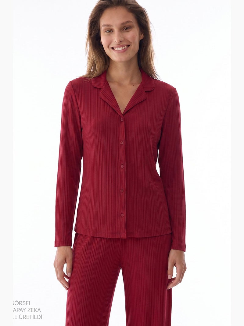 Lana completo pigiama con camicia e pantaloni a maniche lunghe a coste penti Rosso bordeaux - Kiabi