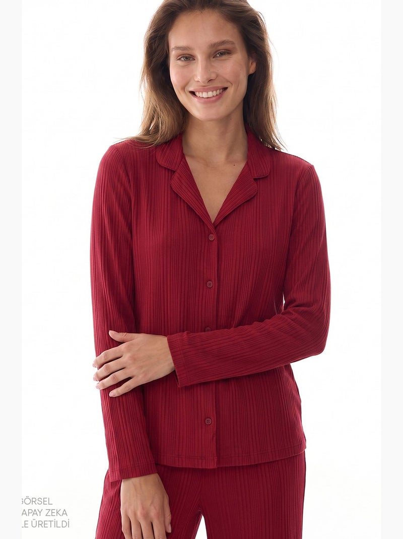 Lana completo pigiama con camicia e pantaloni a maniche lunghe a coste penti Rosso bordeaux - Kiabi