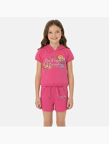 Lee Cooper - Completo bambina maglietta a maniche corte con zip e cappuccio e pantaloncini