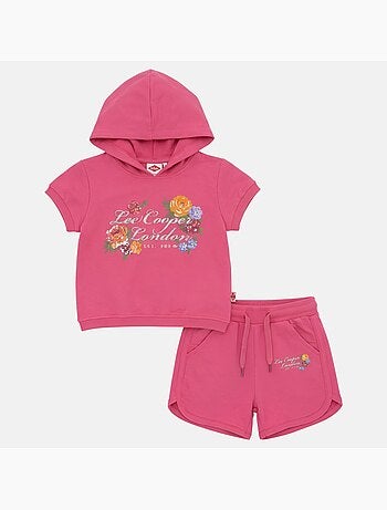Lee Cooper - Completo bambina maglietta a maniche corte con zip e cappuccio e pantaloncini