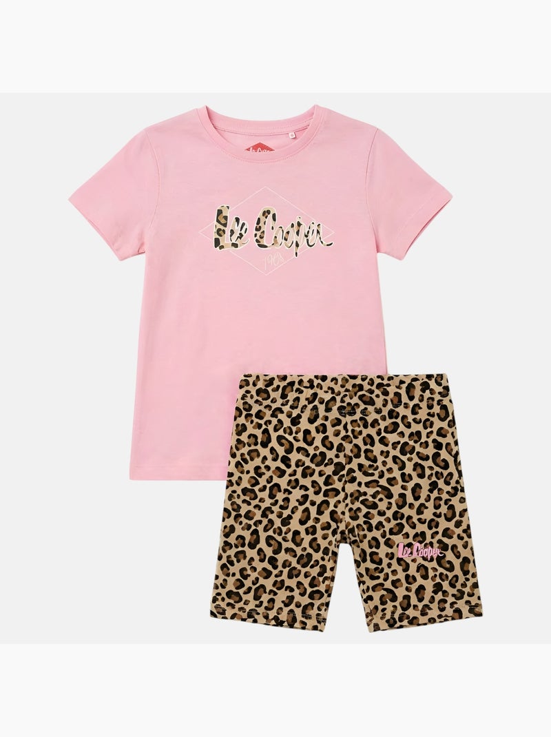 Lee Cooper - Completo da bambina t shirt a maniche corte e shorts con fantasia leopardata Rosa chiaro - Kiabi