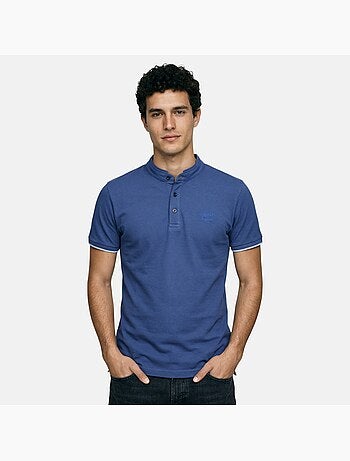 Lee Cooper - Polo uomo blu maniche corte collo alla coreana