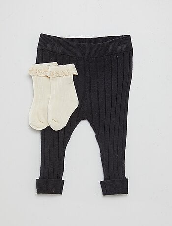 Leggings a coste + calzini con ricamo