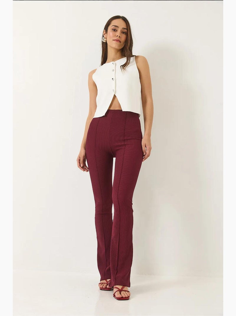 Leggings a vita alta svasati a coste lucci Rosso bordeaux - Kiabi
