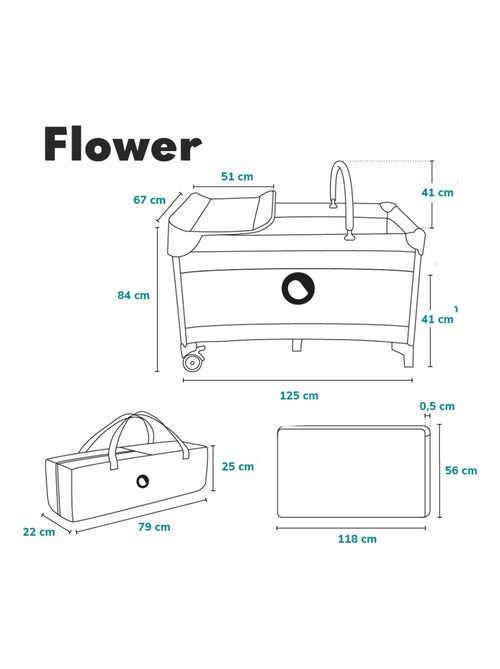 Lettino da viaggio 3 in 1 LIONELO Flower - Box per bambini - 0-36 mesi - Chiusura rapida - Ruote - Kiabi