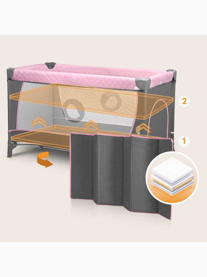 Lettino da viaggio 3 in 1 LIONELO Flower - Box per bambini - 0-36 mesi - Chiusura rapida - Ruote Bianco Rosa Grigio - Kiabi