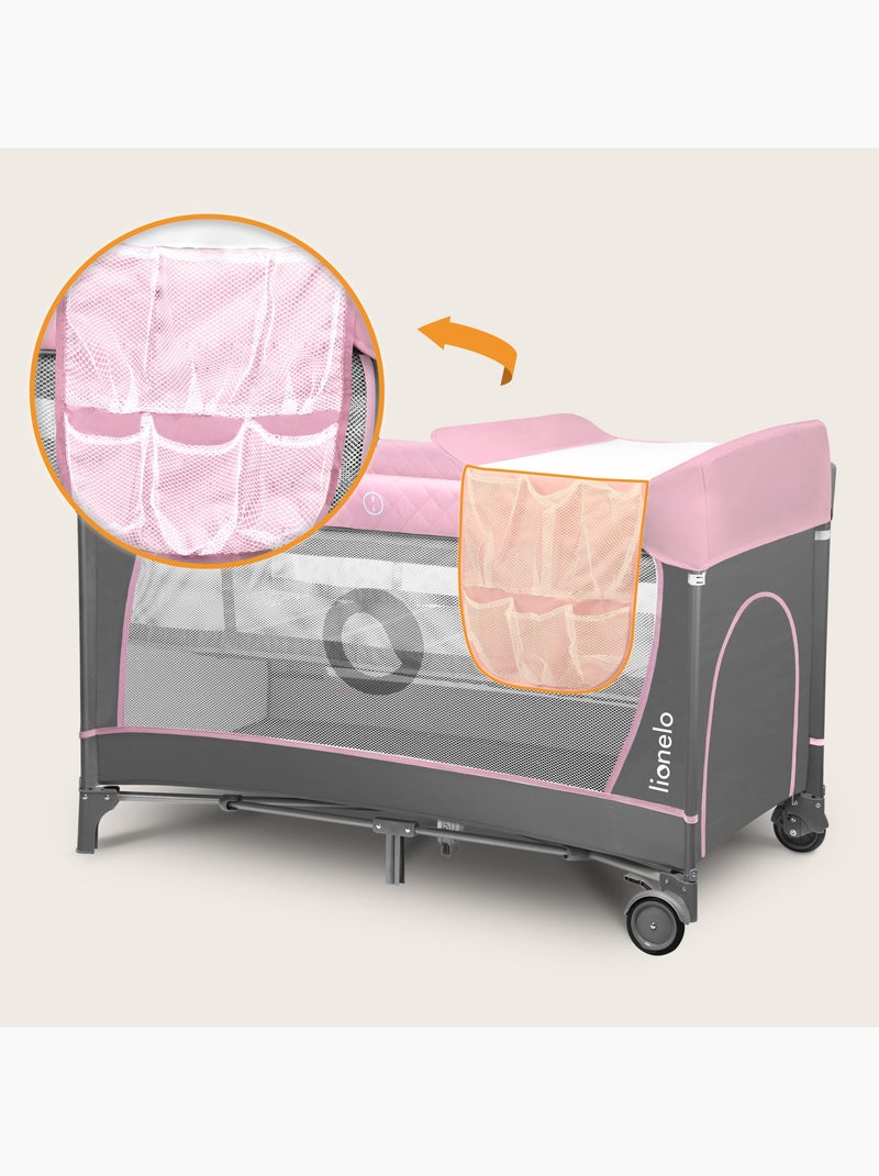 Lettino da viaggio 3 in 1 LIONELO Flower - Box per bambini - 0-36 mesi - Chiusura rapida - Ruote Bianco Rosa Grigio - Kiabi