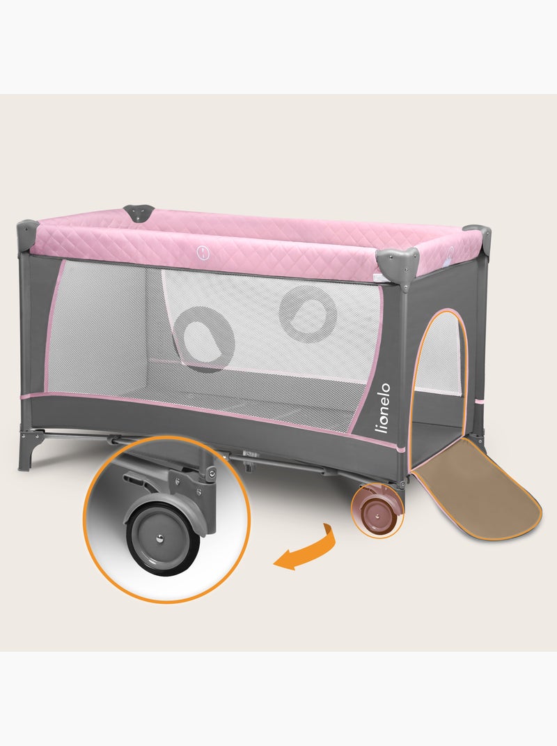 Lettino da viaggio 3 in 1 LIONELO Flower - Box per bambini - 0-36 mesi - Chiusura rapida - Ruote Bianco Rosa Grigio - Kiabi