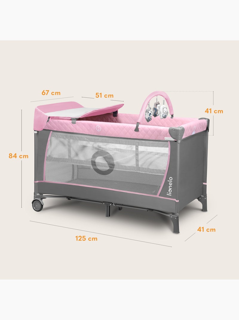 Lettino da viaggio 3 in 1 LIONELO Flower - Box per bambini - 0-36 mesi - Chiusura rapida - Ruote Bianco Rosa Grigio - Kiabi