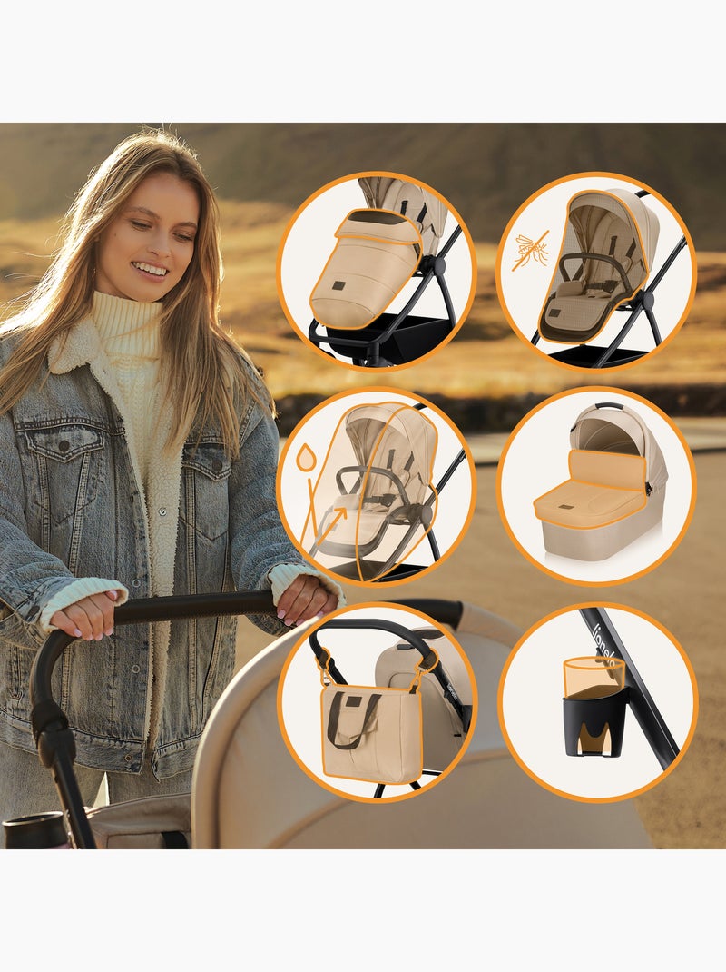 LIONELO Meril 2-in-1 Travel System - Fino a 22 kg - Include passeggino, navicella, borsa e accessori Beige - Kiabi