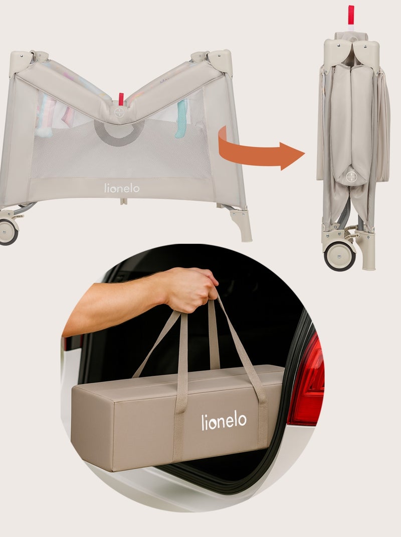 LIONELO Mille Box per bambini 100x100cm - Materasso ad alta densità - Ruote - Giocattoli in velcro - Beige - Kiabi