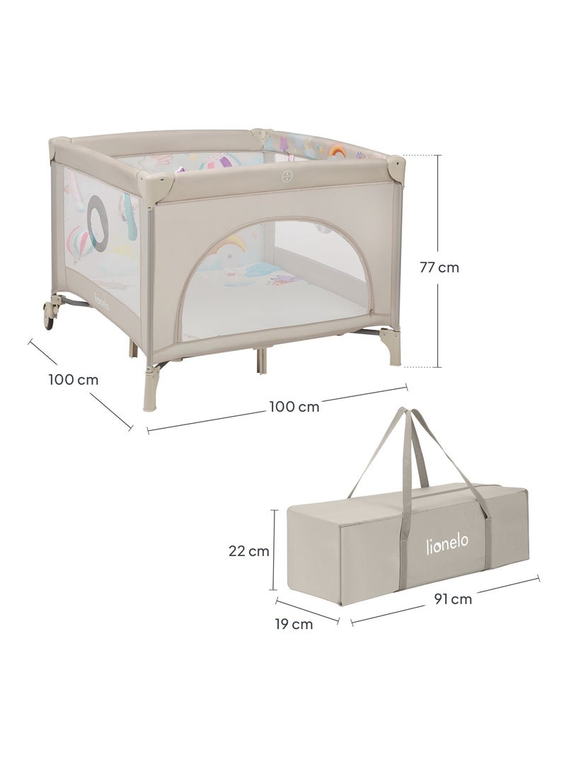 LIONELO Mille Box per bambini 100x100cm - Materasso ad alta densità - Ruote - Giocattoli in velcro - Beige - Kiabi