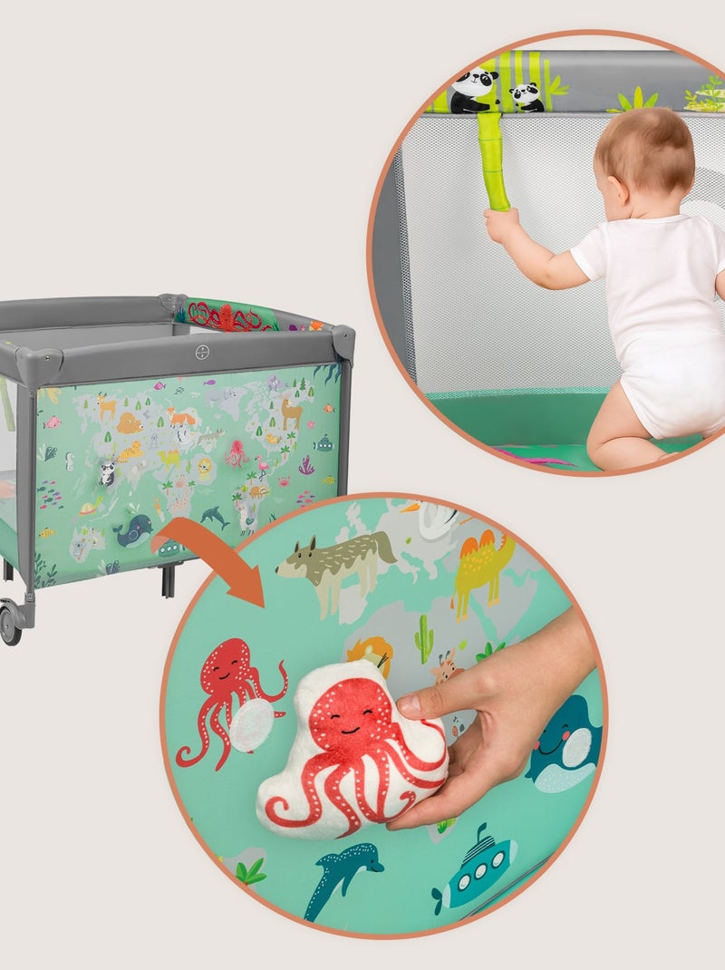 LIONELO Mille Box per bambini 100x100cm - Materasso ad alta densità - Ruote - Giocattoli in velcro - Grigio - Kiabi