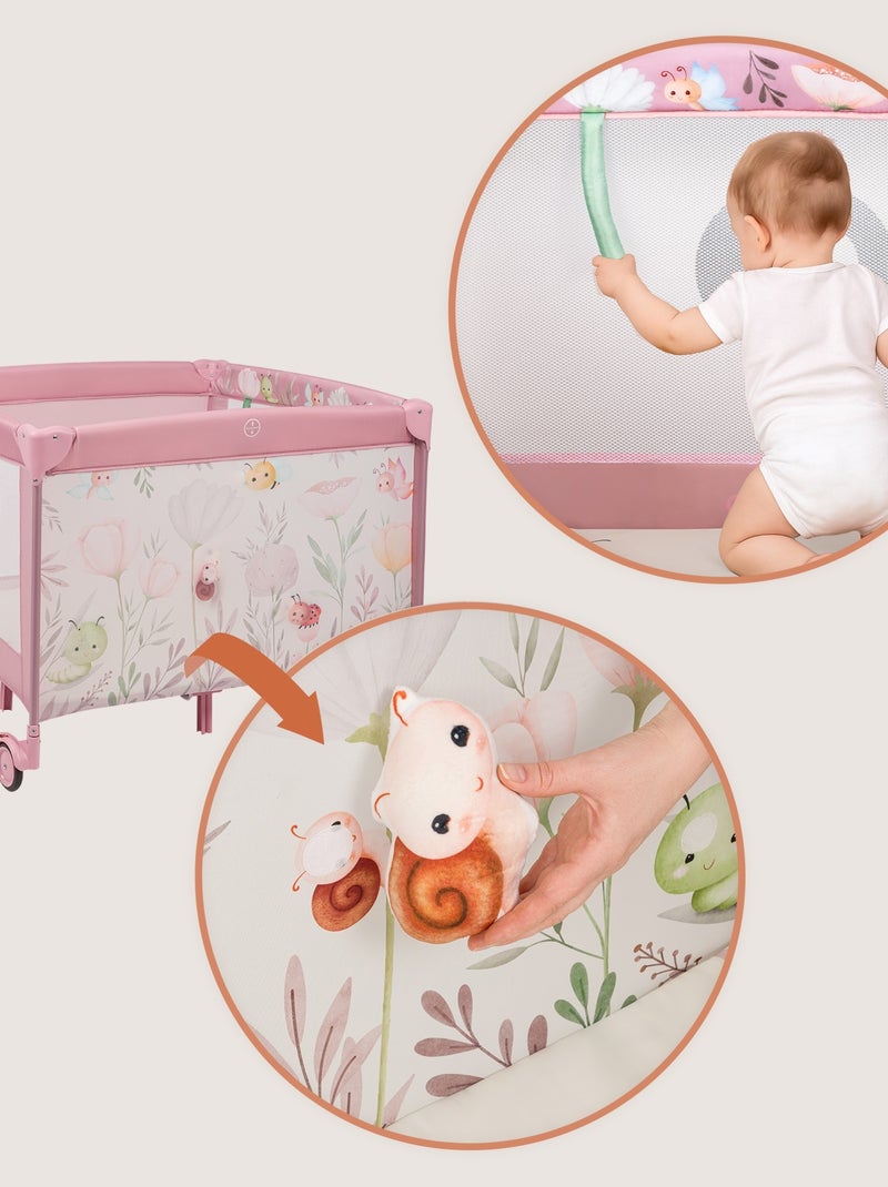 LIONELO Mille Box per bambini 100x100cm - Materasso ad alta densità - Ruote - Giocattoli in velcro - Rosa - Kiabi