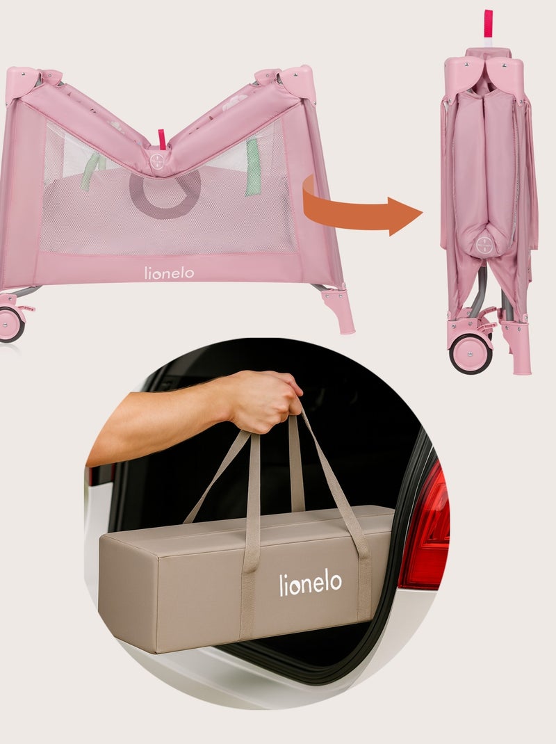 LIONELO Mille Box per bambini 100x100cm - Materasso ad alta densità - Ruote - Giocattoli in velcro - Rosa - Kiabi