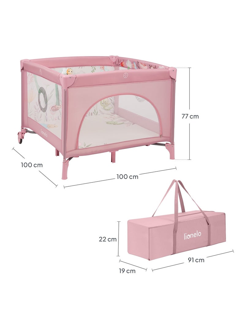LIONELO Mille Box per bambini 100x100cm - Materasso ad alta densità - Ruote - Giocattoli in velcro - Rosa - Kiabi