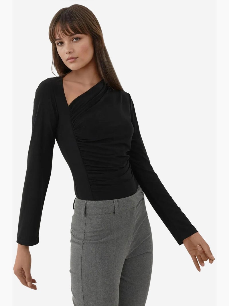 Maglia a maniche lunghe con colletto asimmetrico Nero - Kiabi