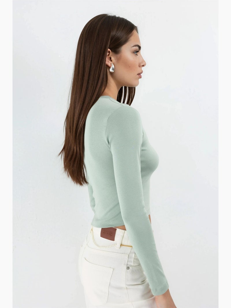 Maglia aderente corta scollo tondo maniche lunghe busem Verde pastello - Kiabi