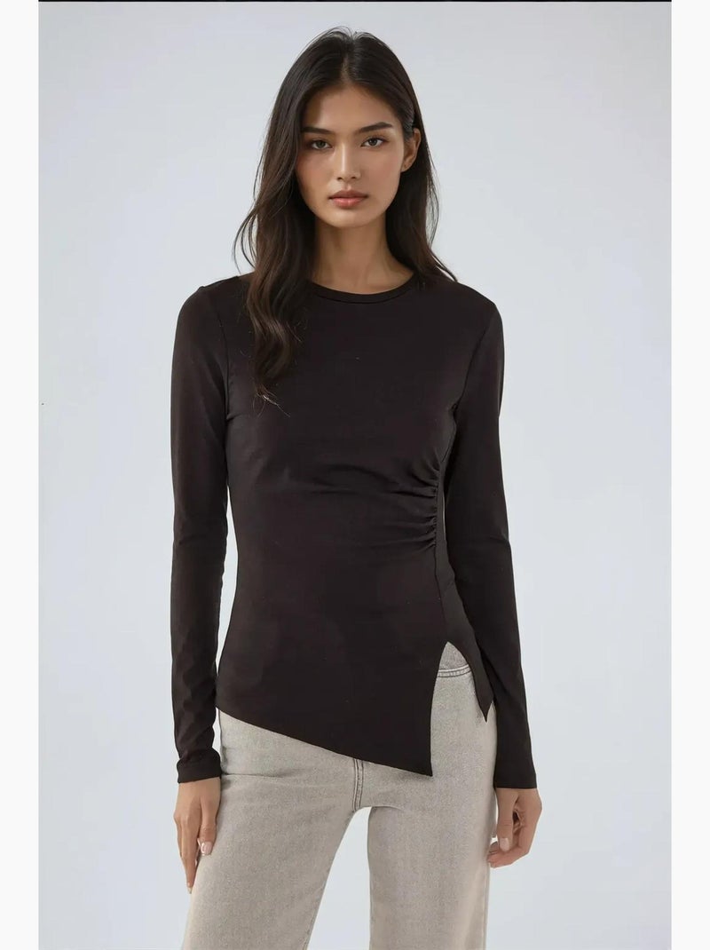 Maglia asimmetrica a maniche lunghe con scollo rotondo Nero - Kiabi