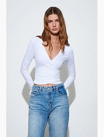 Maglia corta incrociata maniche lunghe con nodo dilvin