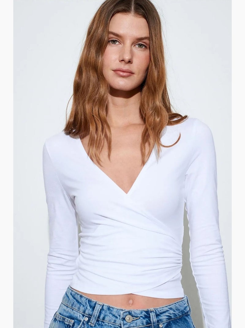 Maglia corta incrociata maniche lunghe con nodo dilvin Bianco - Kiabi