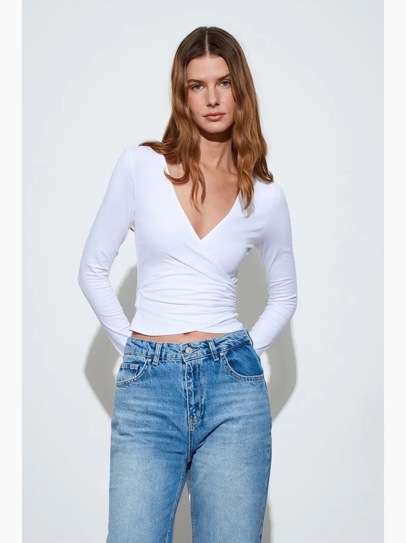 Maglia corta incrociata maniche lunghe con nodo dilvin Bianco - Kiabi