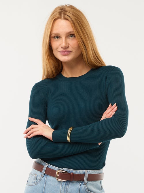 Maglia girocollo a costine tinta unita - Kiabi