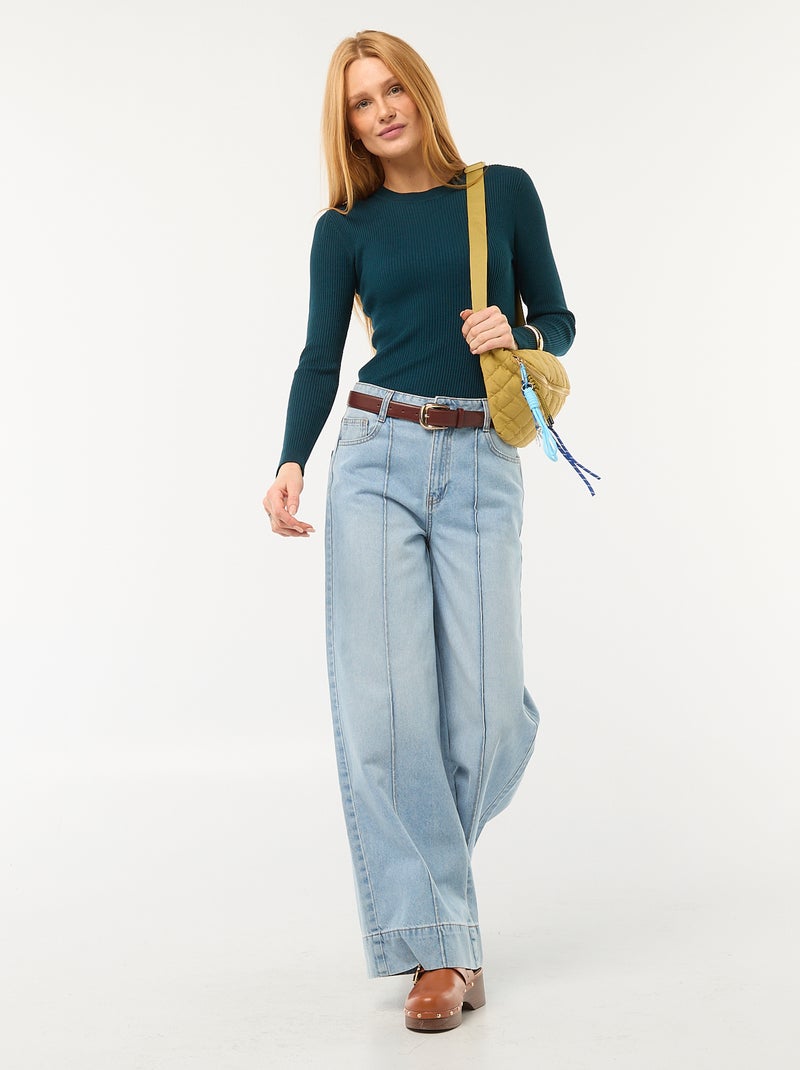 Maglia girocollo a costine tinta unita Blu - Kiabi