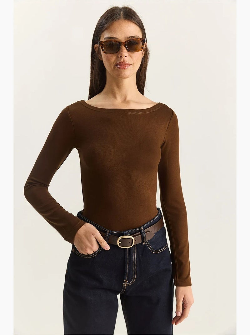 Maglia manica lunga basica aderente lucci Marrone cioccolato - Kiabi