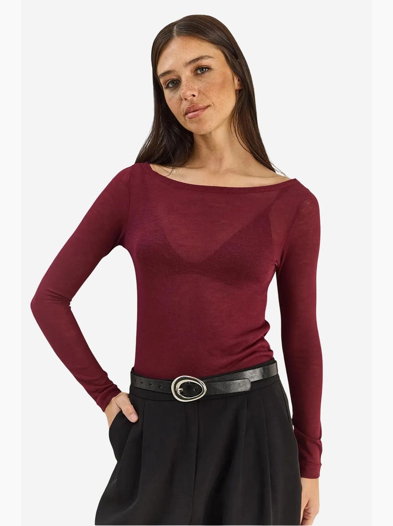 Maglia manica lunga basica girocollo trasparente lucci Rosso bordeaux - Kiabi